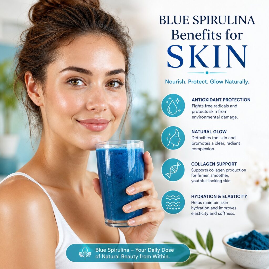 Woman with glowing skin from blue spirulina benefits for collagen and antioxidant protection.