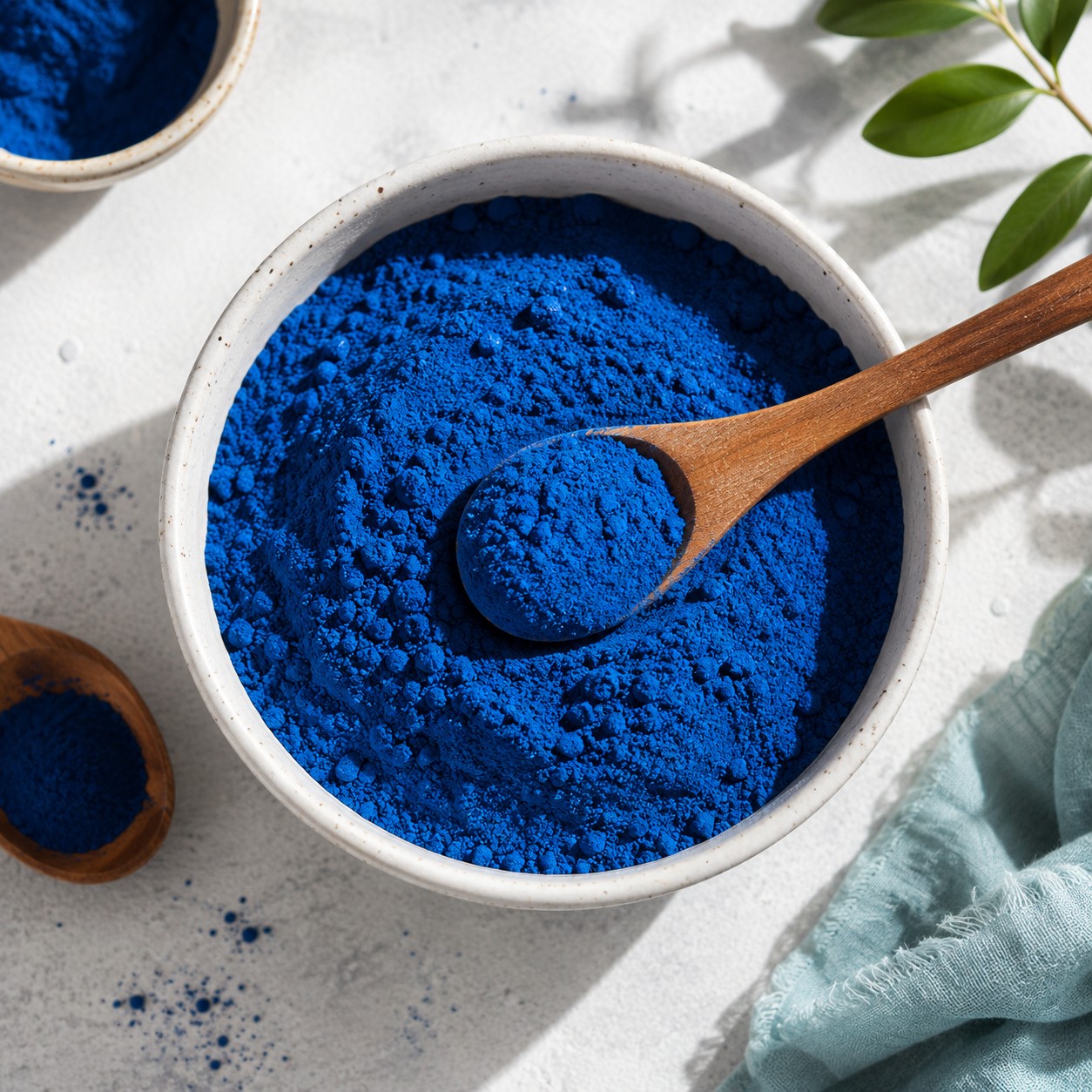 Blue spirulina powder in bowl showing vibrant natural blue color and fine texture.