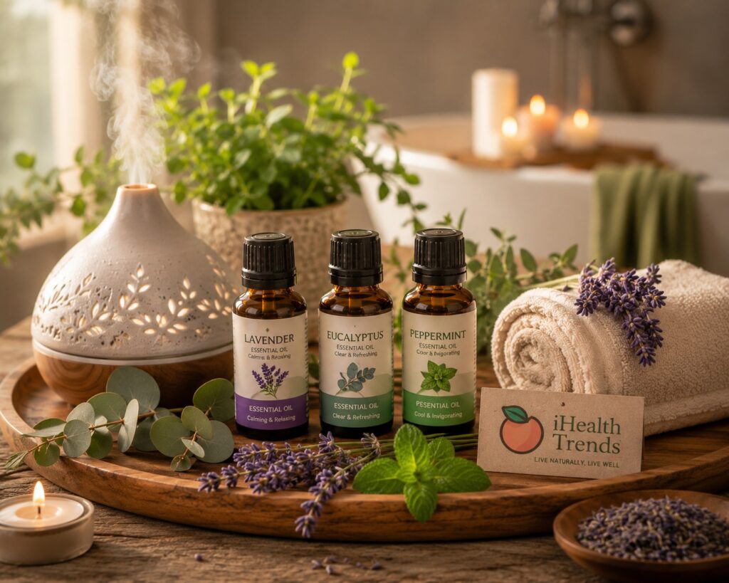 Relaxing aromatherapy wellness scene featuring lavender, eucalyptus, and peppermint essential oils beside a ceramic diffuser emitting mist, with rolled towels, candles, herbs, and iHealth Trends branding in a cozy spa setting.