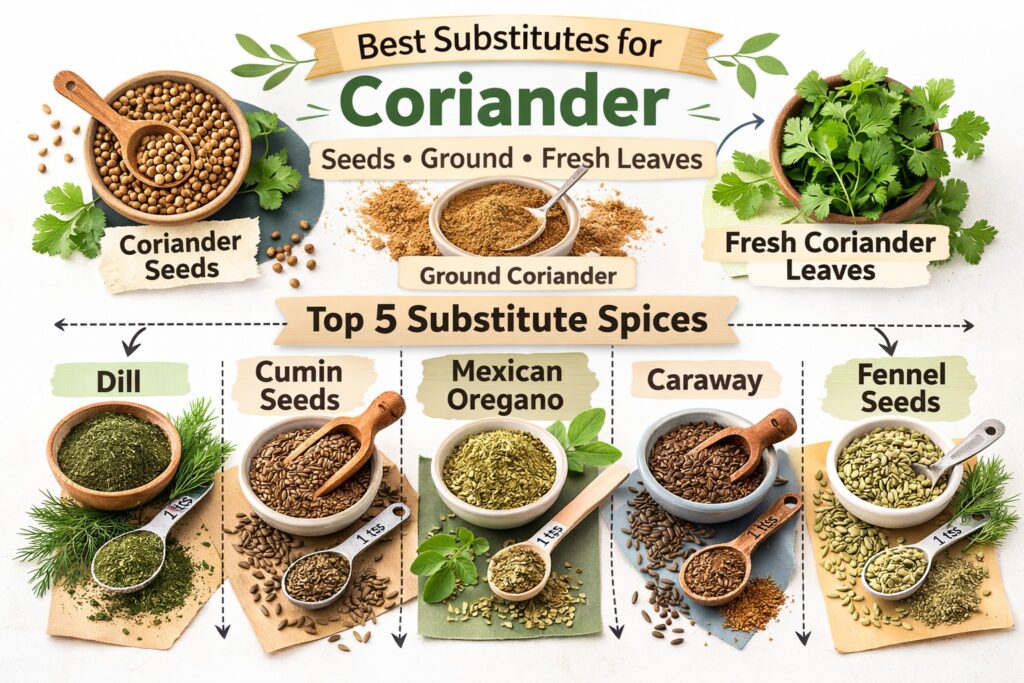 Top-down infographic showing coriander seeds, ground coriander, fresh coriander leaves, and five substitutes including dill, cumin seeds, Mexican oregano, caraway, and fennel seeds.