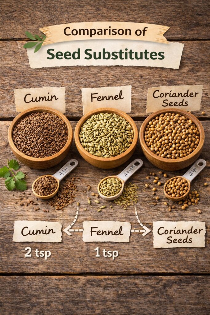 Top-down comparison of cumin seeds, fennel seeds, and coriander seeds in wooden bowls with measuring spoons showing a 2:1 cumin and fennel blend used as a coriander seed substitute in cooking.