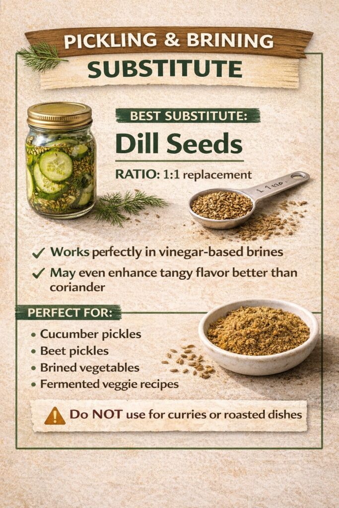 Infographic showing dill seeds as a 1:1 substitute for coriander seeds in pickling and brining recipes like cucumber pickles and fermented vegetables.