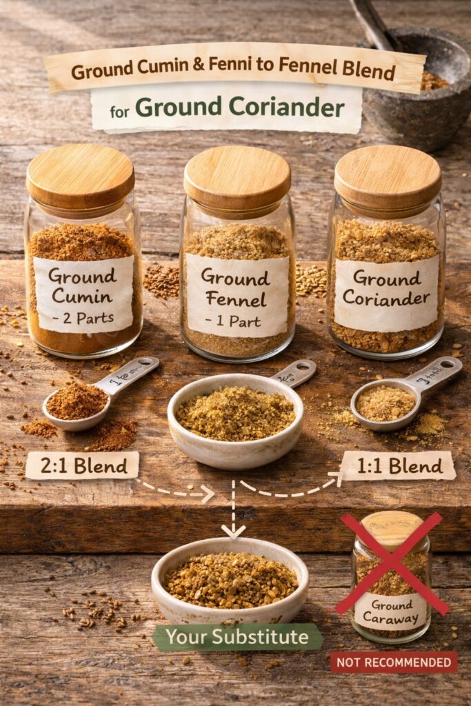 Top-down infographic showing ground cumin and ground fennel blended in a 2 to 1 ratio as a substitute for ground coriander with spice jars and measuring spoons.
