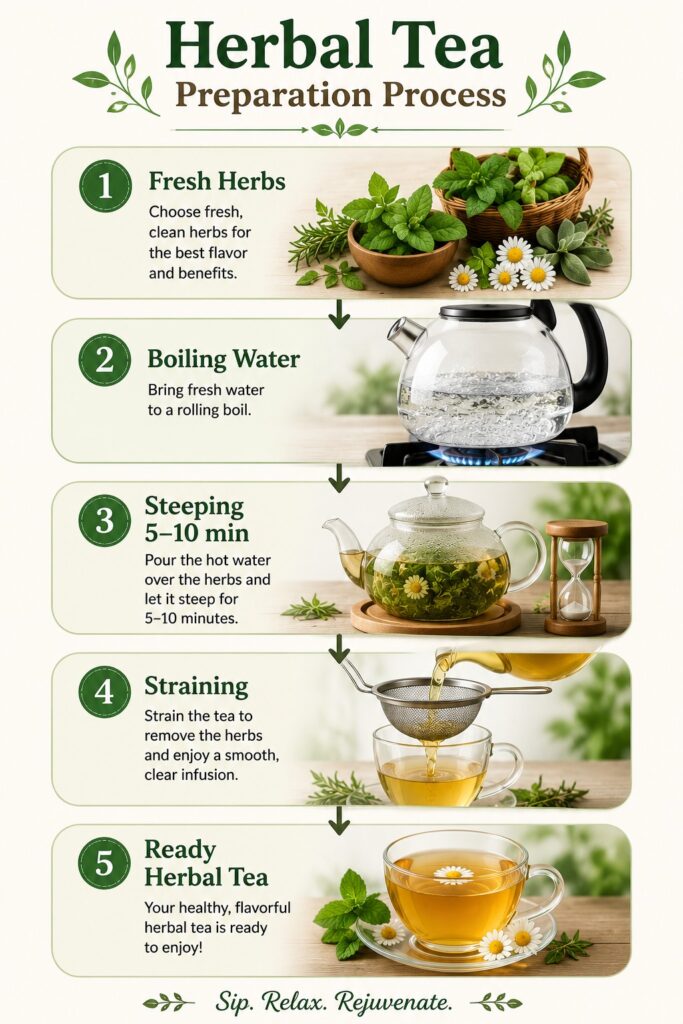 Step-by-step infographic showing the herbal tea preparation process from fresh herbs and boiling water to steeping for 5–10 minutes, straining, and serving a ready cup of herbal tea.