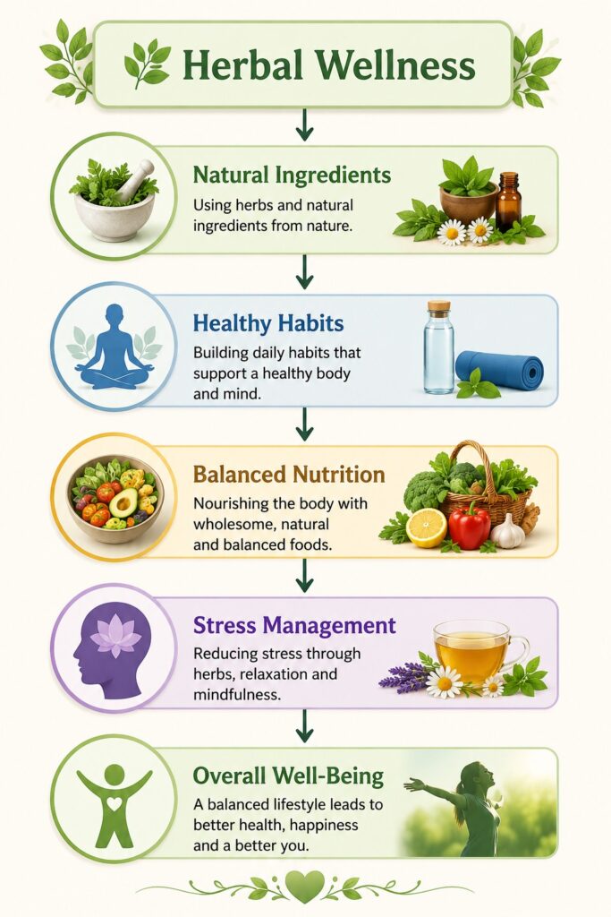 Infographic illustrating the herbal wellness journey from natural ingredients and healthy habits to balanced nutrition, stress management, and overall well-being.
