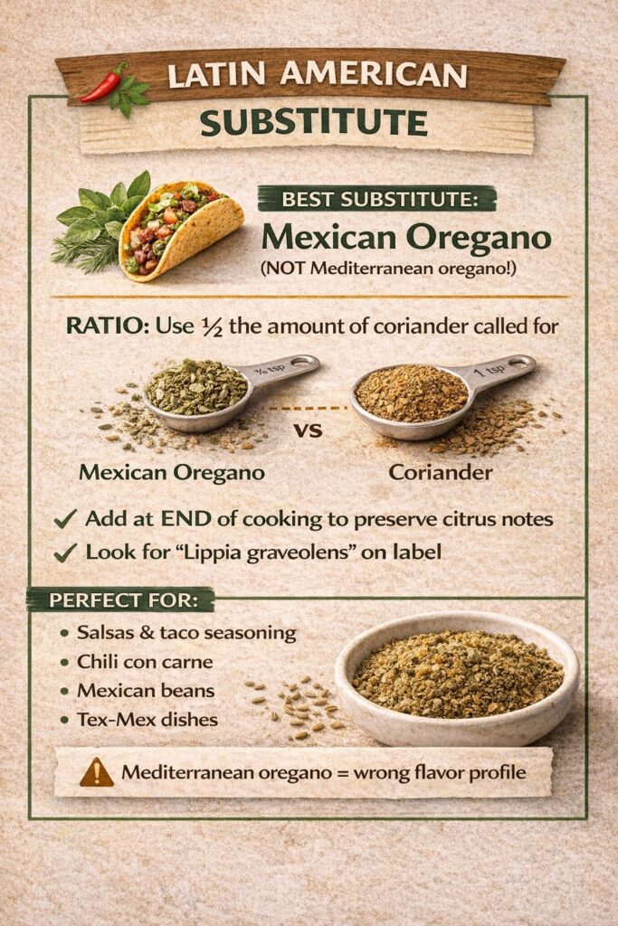 Infographic showing Mexican oregano as a substitute for coriander in Latin American recipes with a 1:2 ratio comparison and cooking tips.