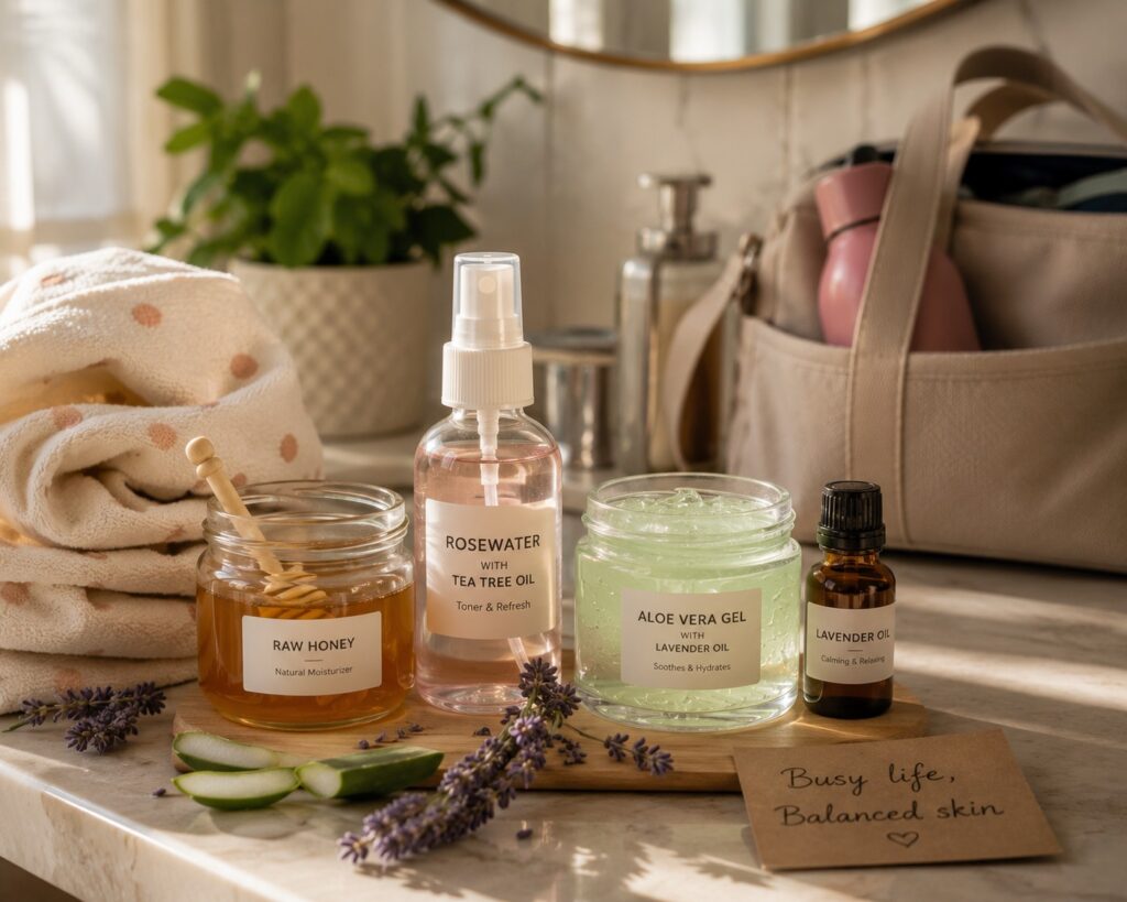 Natural skincare products including raw honey, rosewater with tea tree oil spray, aloe vera gel, and lavender oil arranged on a bathroom counter with soft morning light and hints of a baby blanket and gym bag in the background.