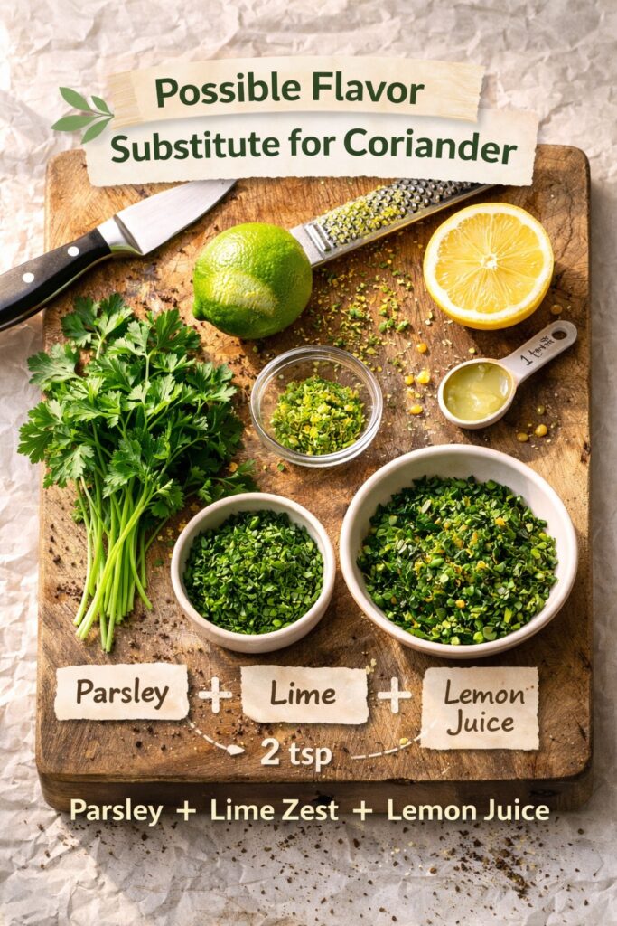 Top-down infographic showing parsley, lime zest, and lemon juice combined as a fresh herb substitute for coriander leaves on a rustic cutting board.