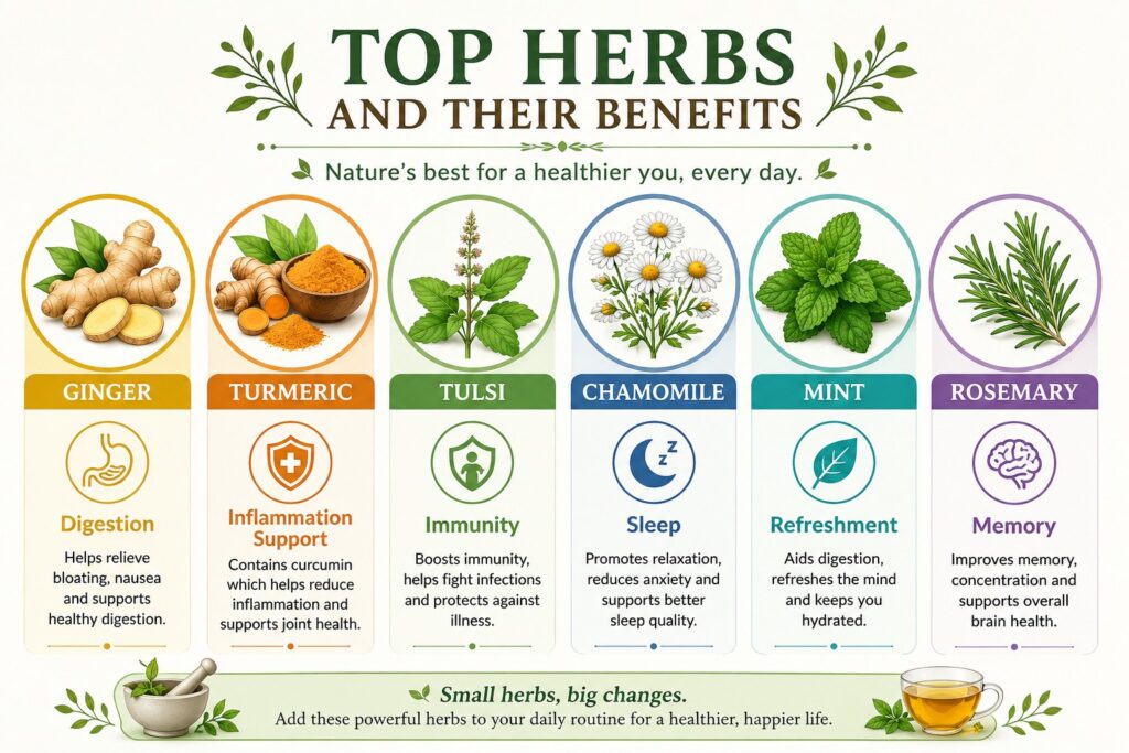 Colorful infographic comparing six beneficial herbs—ginger, turmeric, tulsi, chamomile, mint, and rosemary—with botanical illustrations and icons highlighting their primary health benefits, including digestion, inflammation support, immunity, sleep, refreshment, and memory.