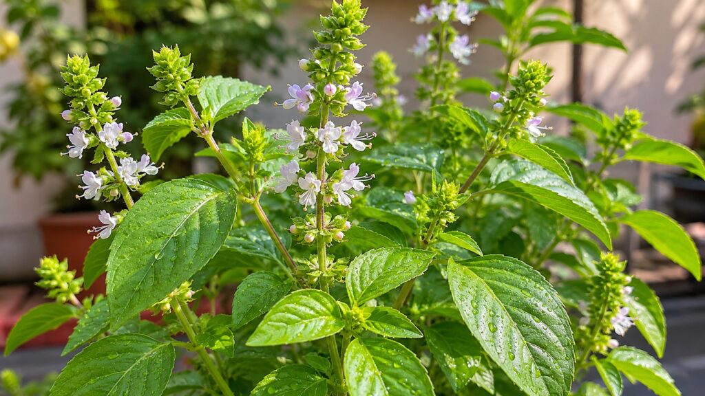 Fresh sweet basil (Ocimum basilicum) plant in full bloom with vibrant green leaves, white-purple flower spikes, and dew drops illuminated by morning sunlight.