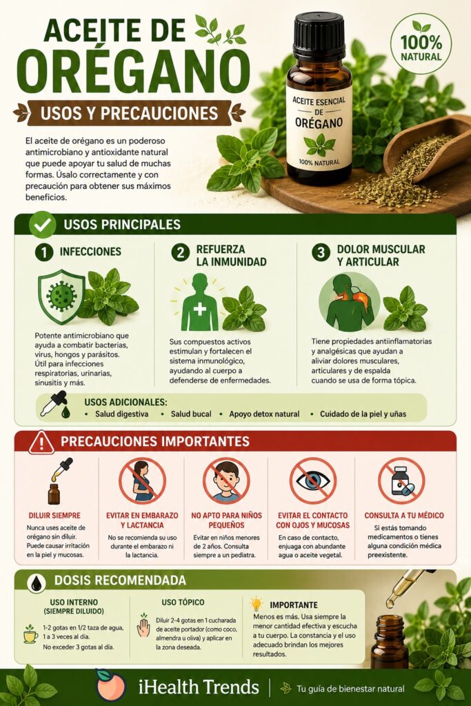 Infografía en español sobre el aceite de orégano que muestra sus principales usos para la inmunidad, infecciones y dolor muscular, junto con precauciones importantes, dosis recomendada y consejos de seguridad, con la marca iHealth Trends.