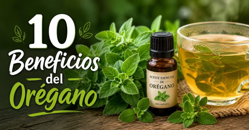 Hojas frescas de orégano junto a una botella de aceite esencial y una taza de té de orégano mostrando 10 beneficios del orégano.