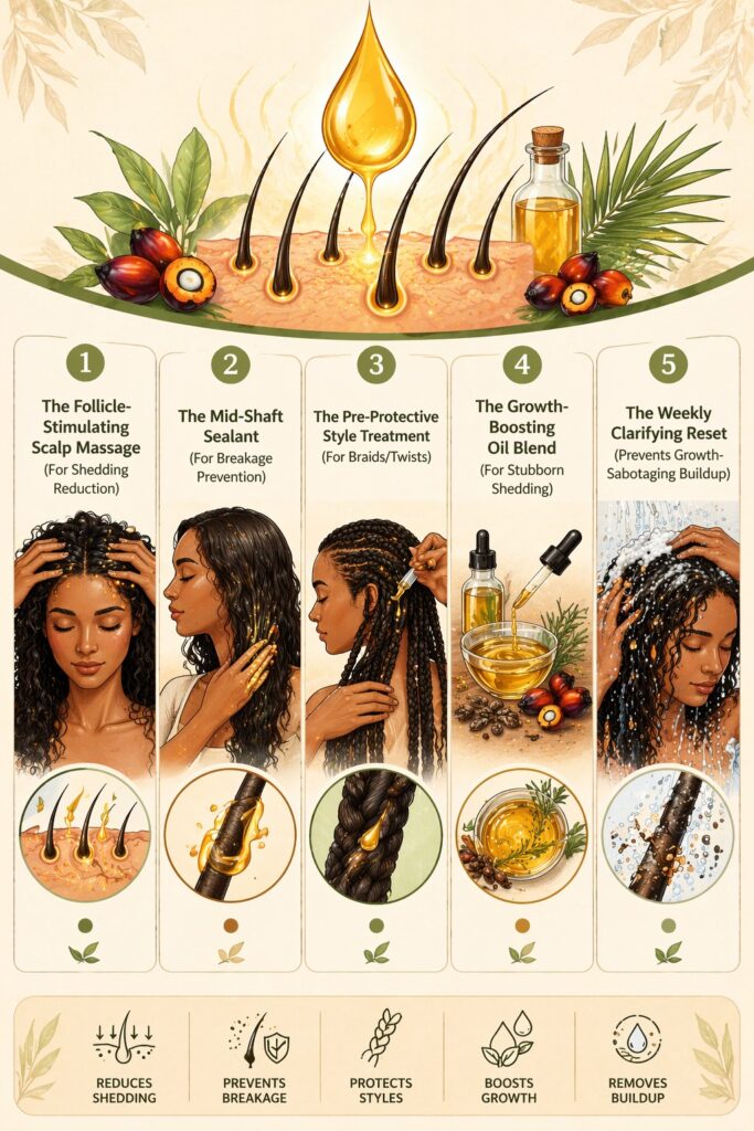 Batana oil hair growth infographic showing 5 application methods including scalp massage, mid shaft sealing, protective styling, oil blend, and clarifying wash