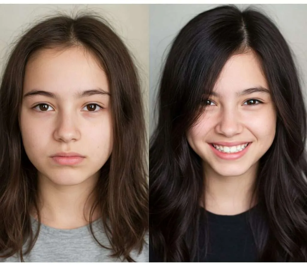 "Before and after hair comparison showing improved texture and shine results after a few weeks of using batana oil."