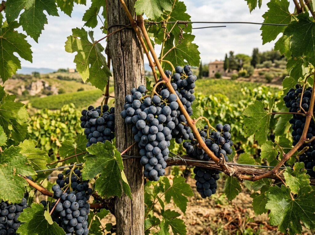 Black grapes (Vitis vinifera) growing on vine - cultivated for over 8,000 years