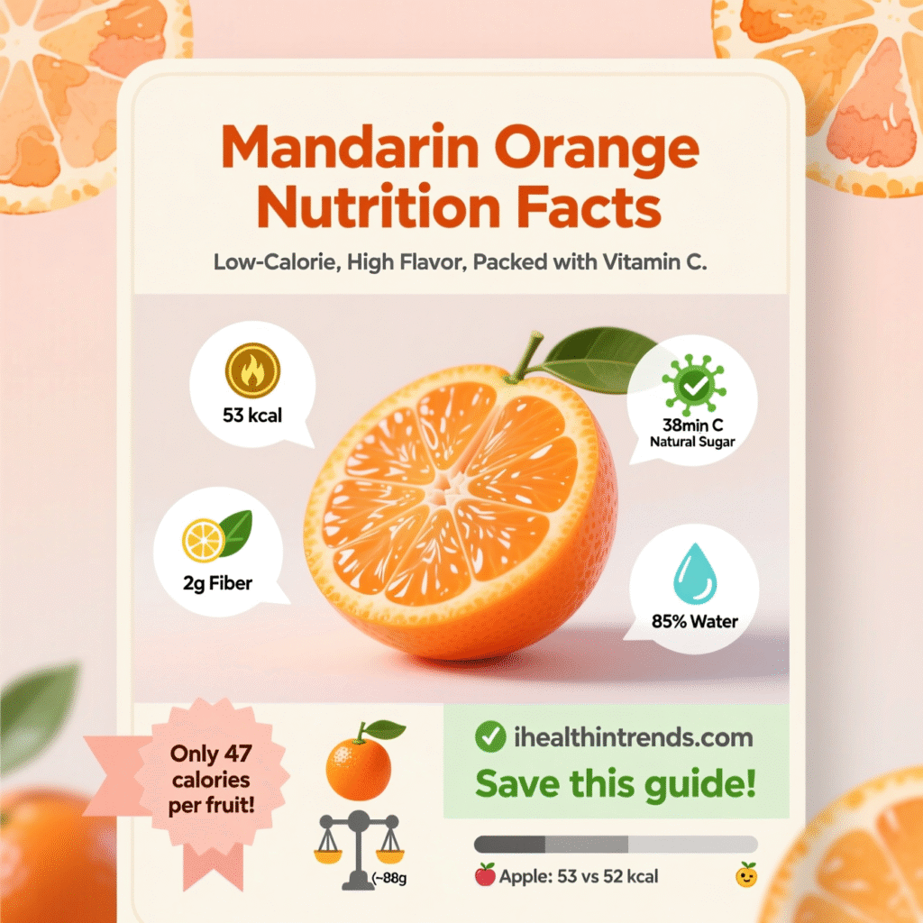mandarin orange nutrition facts table showing calories, vitamin C, fiber and sugar content