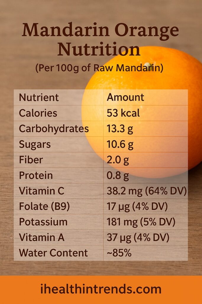 mandarin orange nutrition facts table showing calories, vitamin C, fiber and sugar content