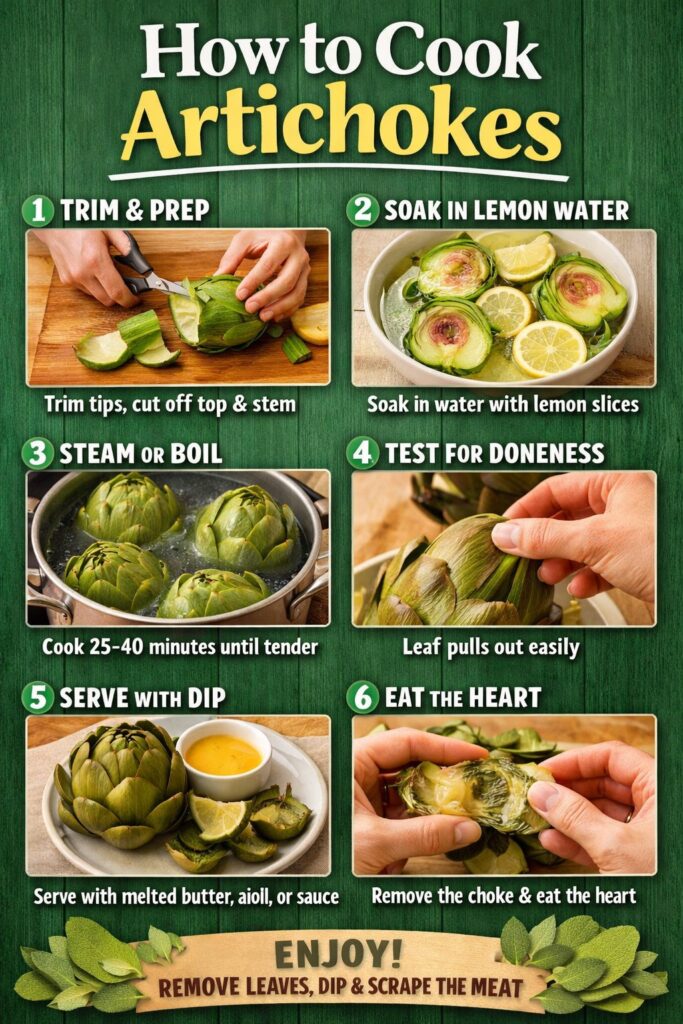 Infographic showing six steps to cook artichokes: trim and prep by cutting tips and stem; soak in lemon water; steam or boil until tender; test doneness by pulling a leaf; serve with dip; remove choke and eat the heart.”