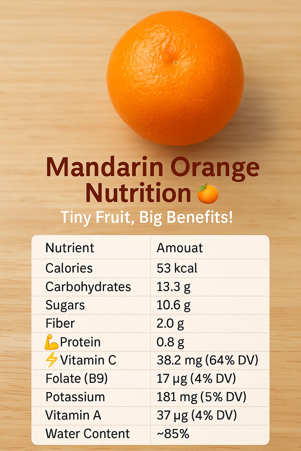 mandarin orange nutrition facts table showing calories, vitamin C, fiber and sugar content