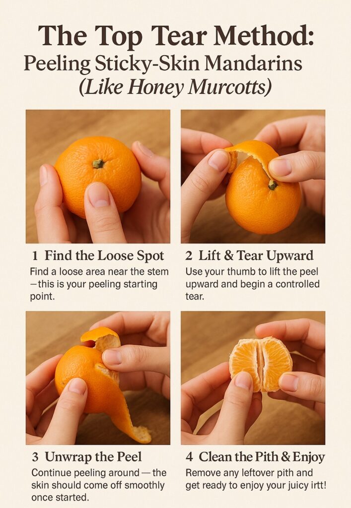 “Step-by-step guide showing how to peel a Honey Murcott mandarin orange with sticky skin using the top tear method