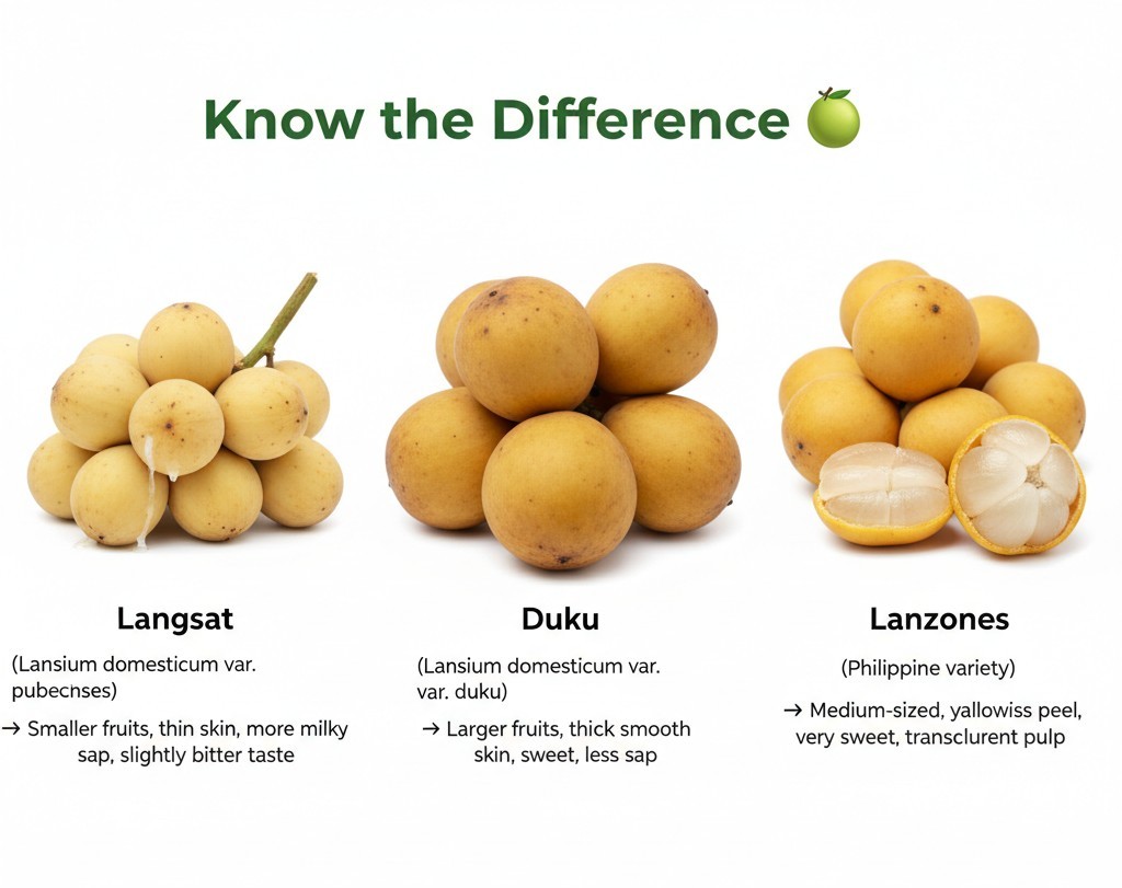 Side-by-side comparison of langsat, duku, and lanzones fruit clusters labeled for identification.