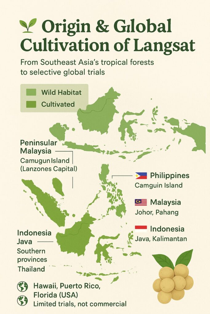 Infographic map showing the origin and global cultivation of Langsat (Lanzones) fruit across Southeast Asia — highlighting the Philippines, Malaysia, Indonesia, and Thailand, with limited trials in the USA.