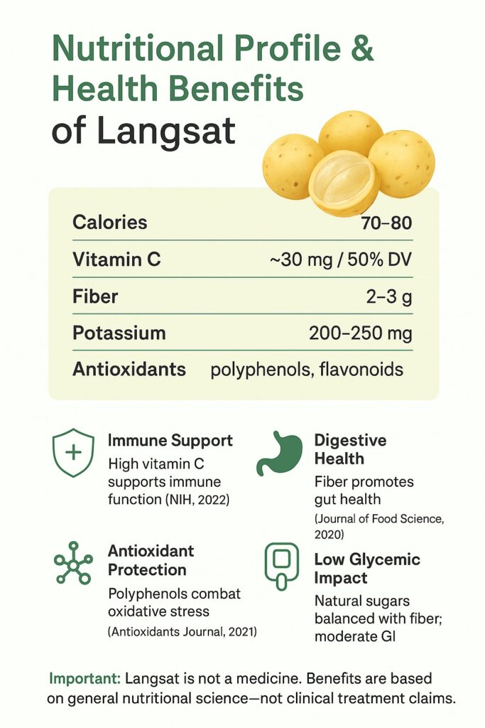 Infographic showing the nutritional profile and health benefits of langsat fruit, including vitamin C, fiber, potassium, and antioxidant content, with icons and disclaimer.