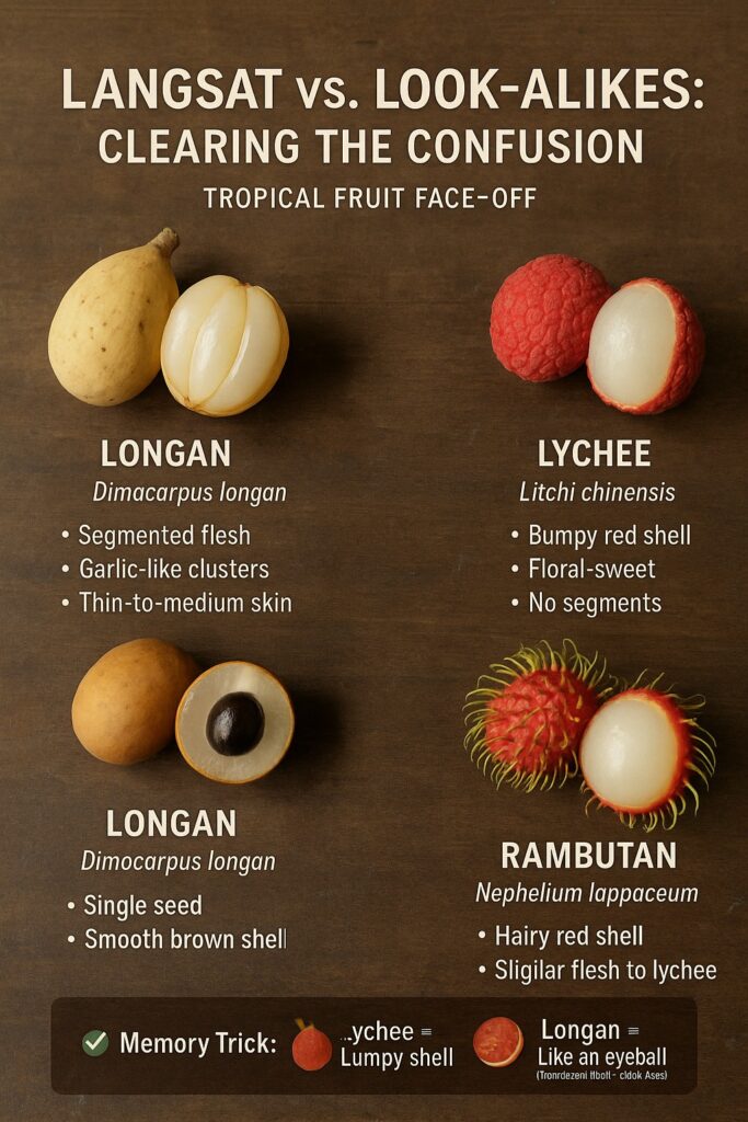 Langsat, Longan, Lychee, and Rambutan fruits placed on a wooden table with labels describing their appearance and differences, part of an infographic titled “Langsat vs. Look-Alikes: Clearing the Confusion.”