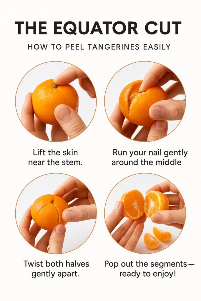 peeling a tangerine-style mandarin orange by cutting through the middle with fingernail