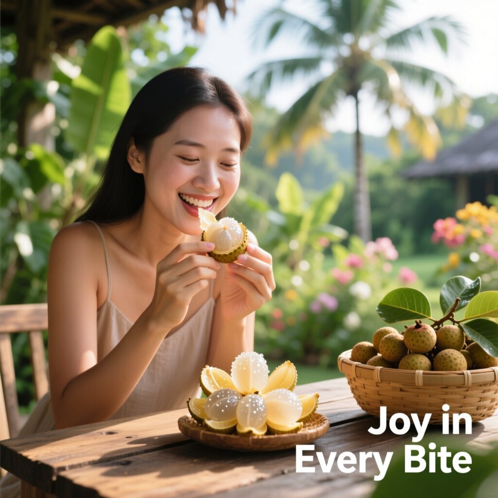 Person peeling and tasting langsat fruit with a joyful smile, showing the fruit’s creamy pulp and thin yellow skin on a bright table.