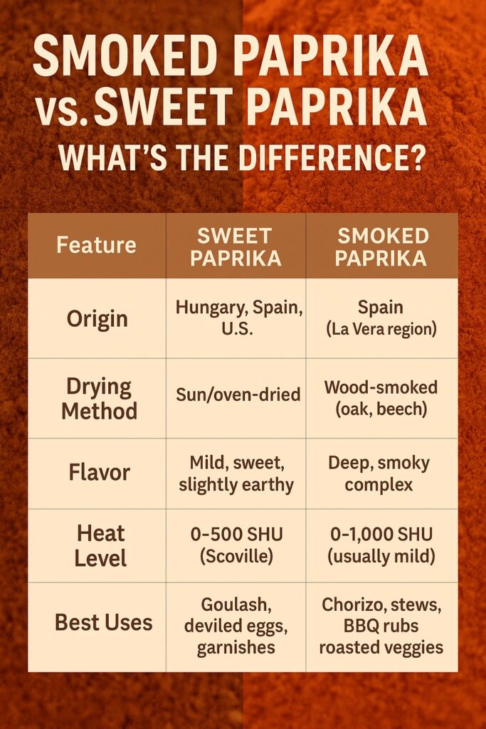 Infographic comparing smoked paprika and sweet paprika — highlighting differences in origin, drying methods, flavor, heat level, and culinary uses, with a paprika spice background for visual appeal.