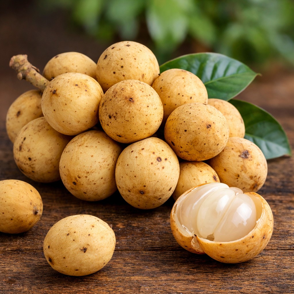 what is Langsat - this fruit (lanzones) cluster with peeled fruit showing translucent white segments, a tropical Southeast Asian fruit often mistaken for garlic bulbs