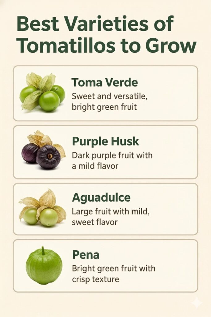 An infographic titled "Best Varieties of Tomatillos to Grow," listing four types: Toma Verde (sweet and versatile), Purple Husk (dark purple, mild), Aguadulce (large and sweet), and Pena (bright green, crisp). Each variety includes a photo.