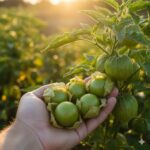 A person's hand holding several freshly harvested green tomatillos, with more still on the plant in the background, all glowing in the warm, golden light of late afternoon.