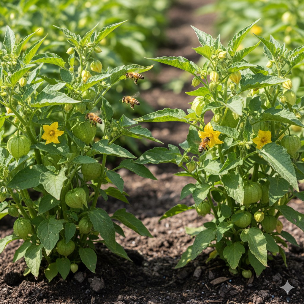 Two healthy green tomatillo plants growing side-by-side in a garden, with yellow flowers and developing fruit. Several bees are actively flying around the blossoms, aiding in pollination.
