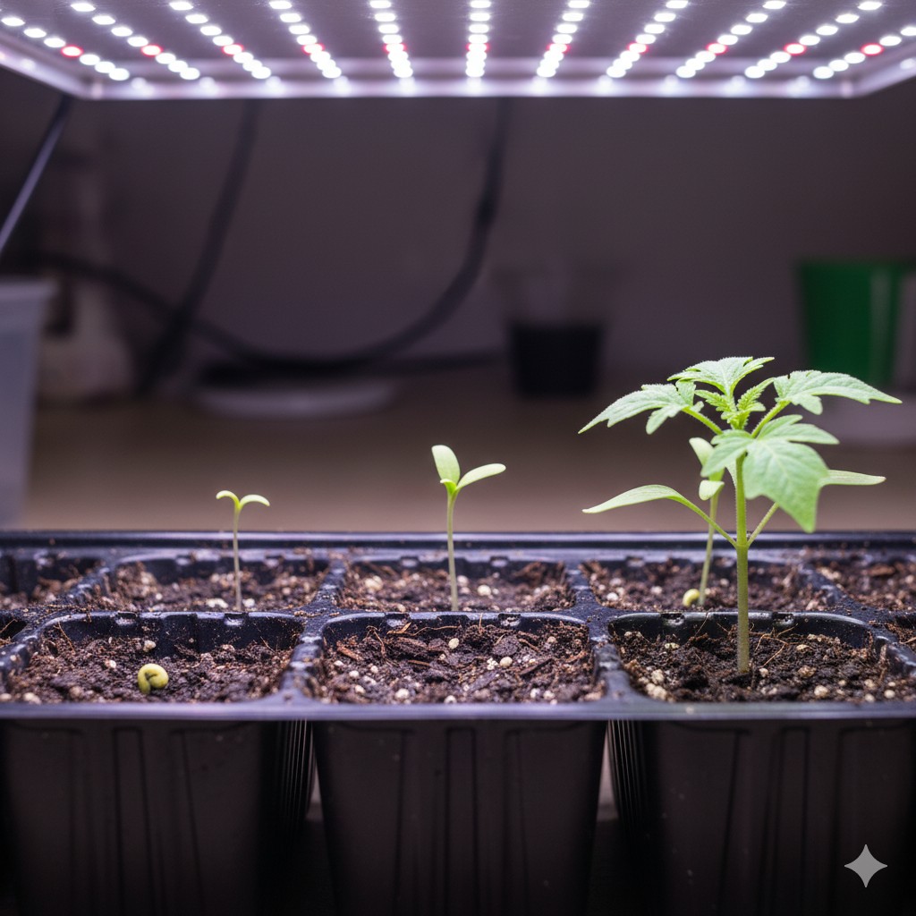 A time-lapse style image showing three stages of plant growth in a seed-starting tray under a purple-red LED grow light: a tiny seed, a small sprout with cotyledons, and a larger seedling with developed leaves.