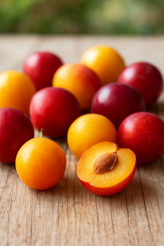 What is a Cherry Plum - Fresh cherry plums in red and yellow varieties on a rustic wooden board, showing whole fruits and a halved cherry plum with pit