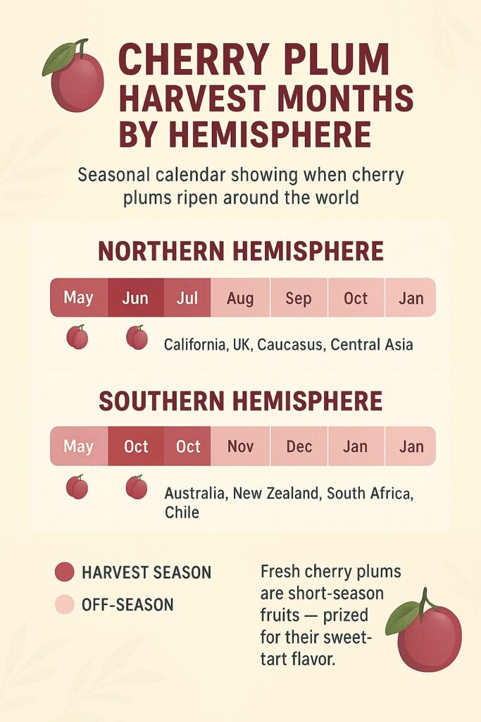 Infographic showing cherry plum harvest months by hemisphere — May to July in the Northern Hemisphere (California, UK, Caucasus, Central Asia) and November to January in the Southern Hemisphere (Australia, New Zealand, South Africa, Chile