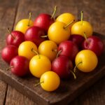 Fresh mixed cherry plums in red and yellow colors arranged on a rustic wooden board with soft natural light.