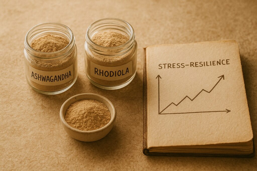 Three labeled glass jars of Ashwagandha, Rhodiola, and Lion’s Mane powders beside a hand-drawn stress-resilience chart in soft morning light.