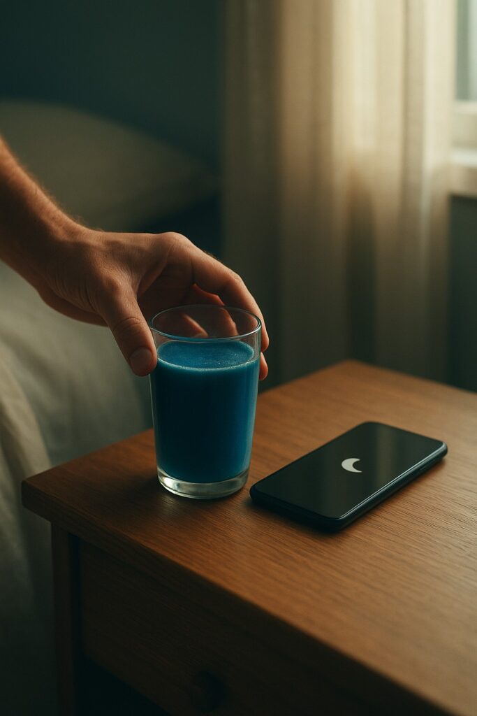 A hand placing a glass of vibrant blue spirulina drink on a wooden nightstand beside a smartphone in Do Not Disturb mode with soft dawn light through curtains.