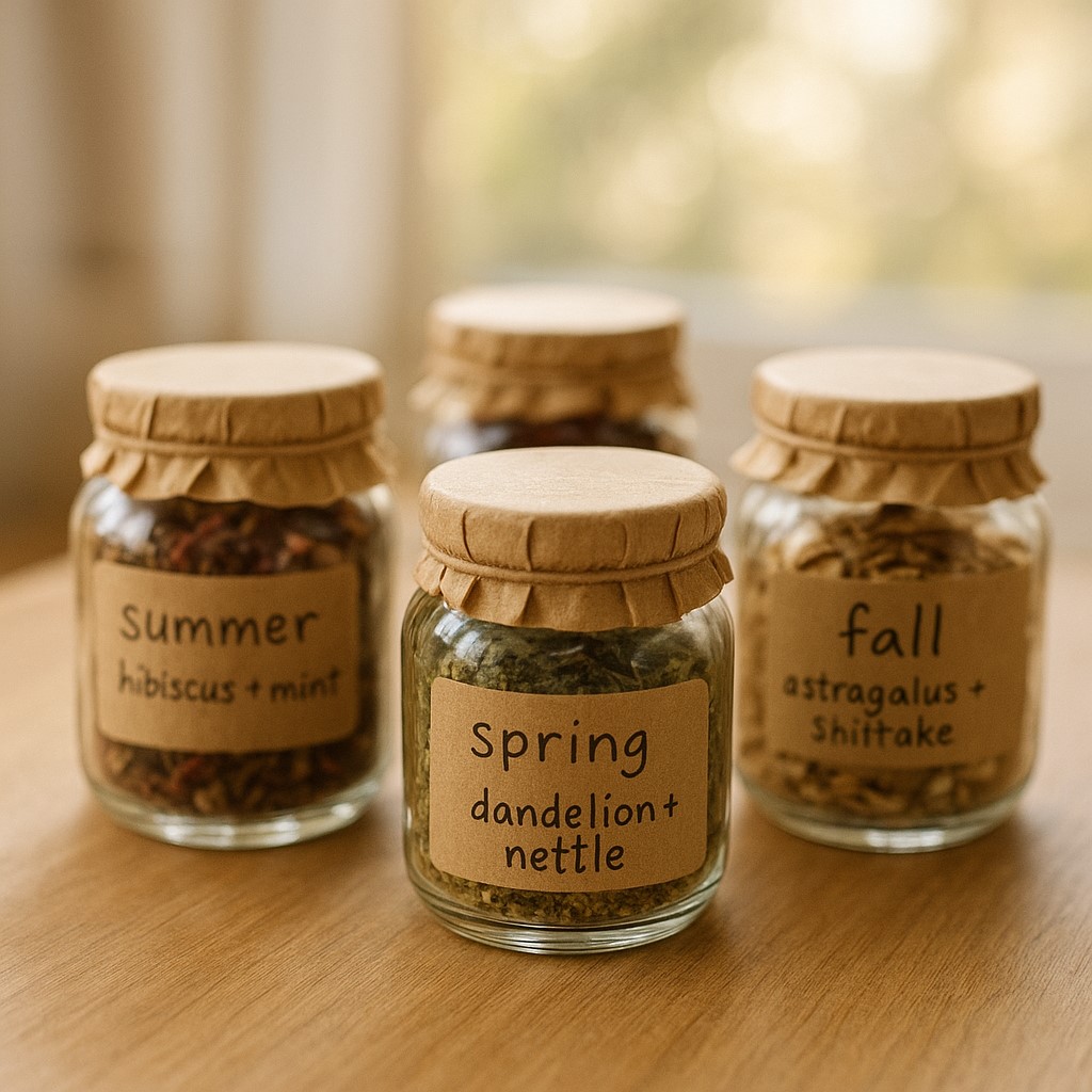 Four seasonal kitchen apothecary jars filled with herbal blends—ginger cinnamon for winter, dandelion nettle for spring, hibiscus mint for summer, and astragalus shiitake for fall—arranged in a circle with soft sunlit kitchen background.