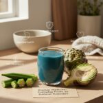 kitchen medicine - fographic showing everyday foods like ginger, tea, spinach, and okra on a sunlit kitchen counter, linked by lines to icons for immunity, digestion, anti-inflammatory, and energy benefits.