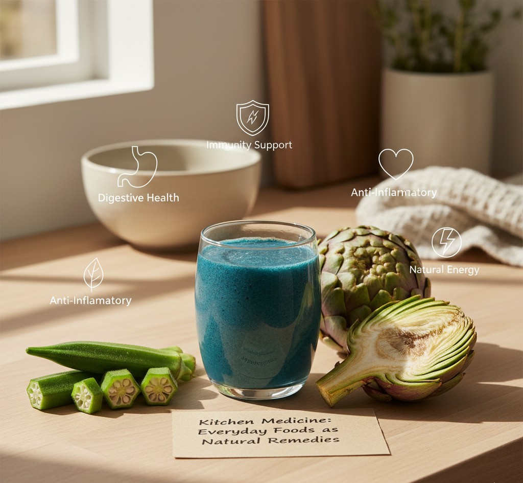 kitchen medicine - fographic showing everyday foods like ginger, tea, spinach, and okra on a sunlit kitchen counter, linked by lines to icons for immunity, digestion, anti-inflammatory, and energy benefits.