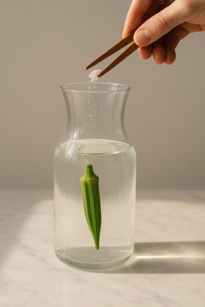 Glass carafe filled with clear okra-infused water on marble surface, with a hand sprinkling zinc powder using wooden tweezers in soft morning light.