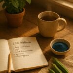 Morning ritual setup showing 2026's key plant-based wellness elements: herbal tea, spirulina, okra, and intention journaling