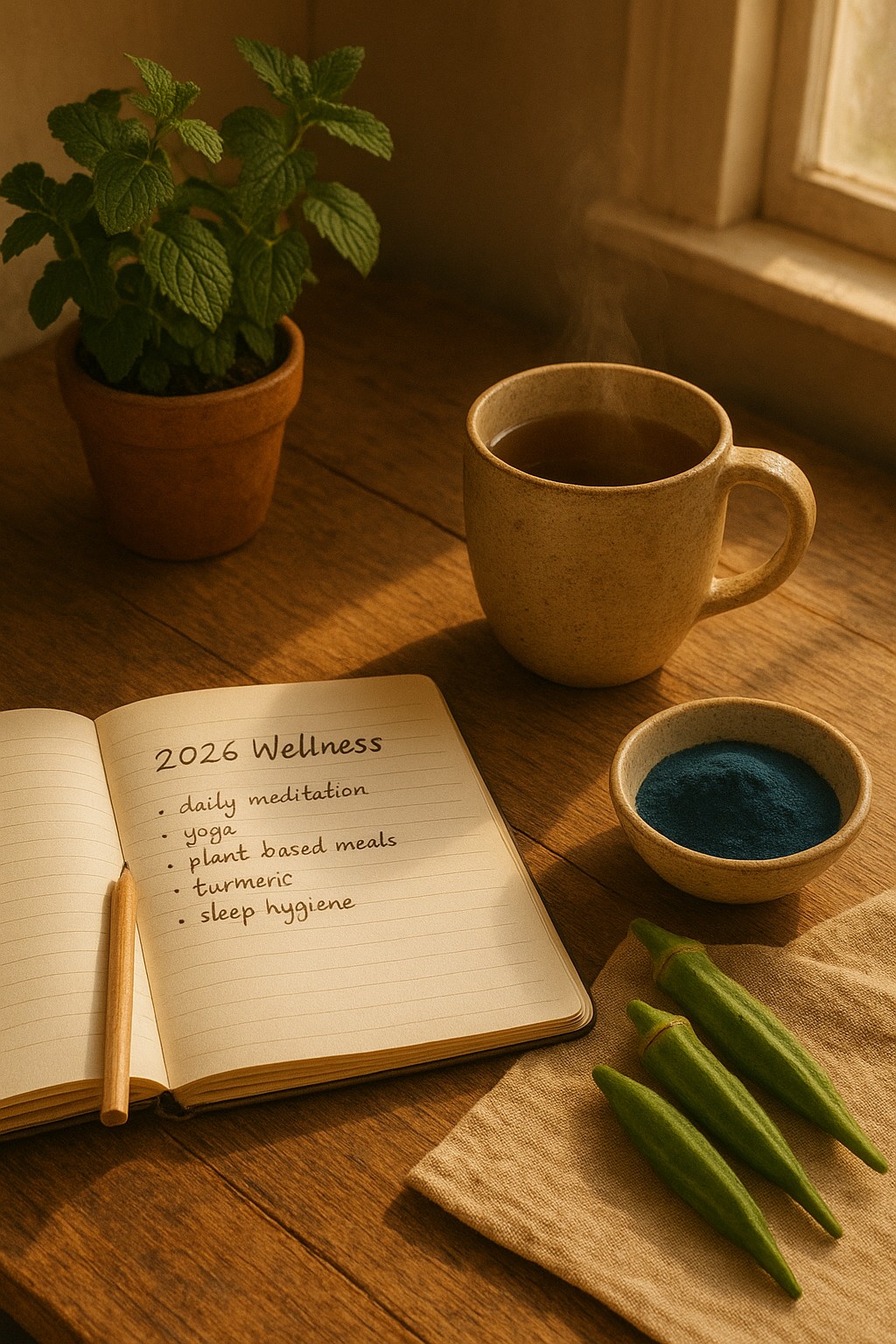 Morning ritual setup showing 2026's key plant-based wellness elements: herbal tea, spirulina, okra, and intention journaling