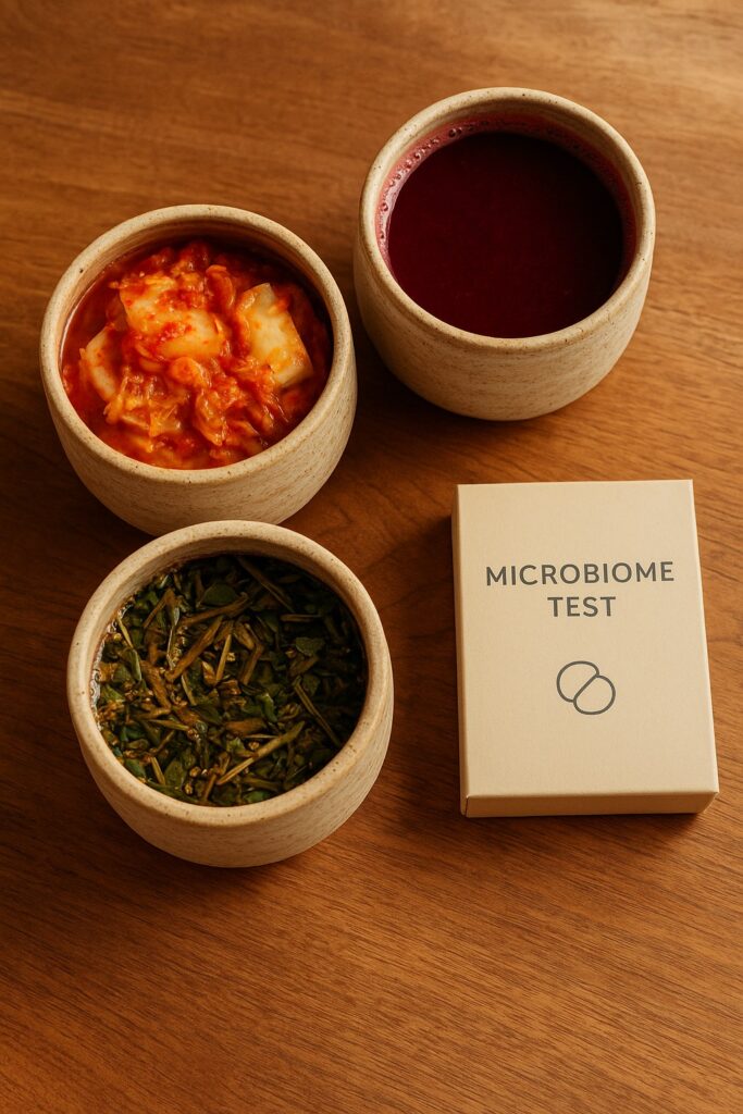 Overhead photo of three handmade ceramic crocks showing kimchi, beet kvass, and an herbal ferment beside a modern microbiome test kit on a warm wooden table.