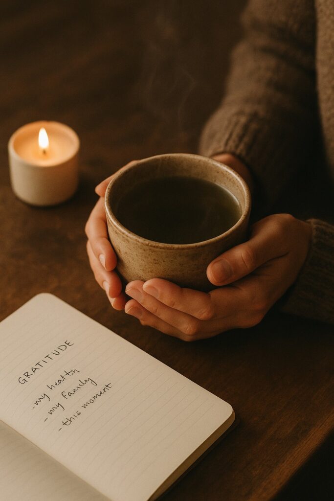 Hands holding a warm mug of tulsi tea with a gratitude journal and candle in soft morning light, styled in earthy tones.