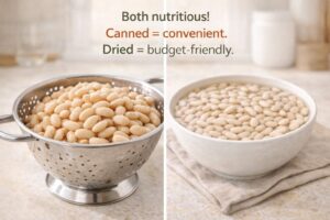 Split image showing rinsed canned white beans in a colander and soaked dried white beans in a bowl, comparing convenience and cost